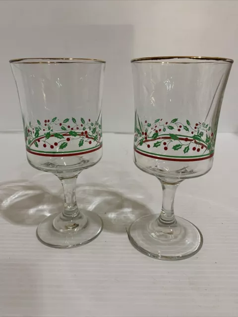 Vintage Libbey Holly Berry Christmas Wine Water Glasses Goblets ~ Set of 2