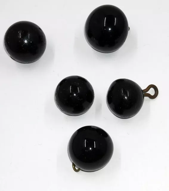 Antique Vintage Black Glass Brass Shank Victorian Mourning Buttons Round 5pc