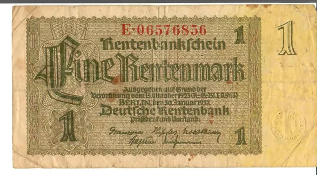 Billet 1 Rentenmark Allemagne 1937