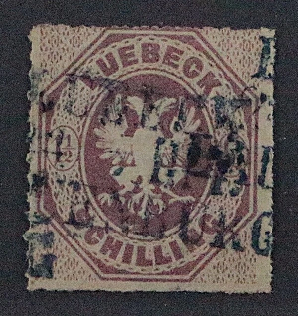 1865, LÜBECK 14, Wappen 1 1/2 Sch. purpur, BAHNPOST DREIZEiLER STEMPEL, 110,-€++