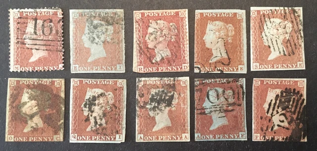 GB Queen Victoria "1d Penny Red's" circa 1841+ VFU x10 stamps  LH