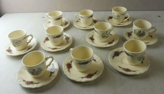 Lot de 10 tasses et sous tasses moka café, céramique, Obernai de Sarreguemines