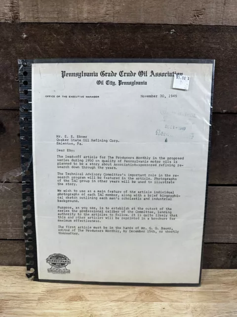 Vintage 1949 Pennsylvania Grade Oil Association “Oil City, PA” Letter