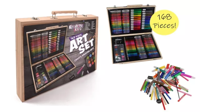 KandyToys Wooden Vintage 168 Piece Art Box Drawing Set with Pens Pencils & Paint