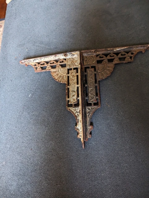 Antique Cast Iron Pair of Ornate Shelf Brackets, 6” x 8”, Nice Patena
