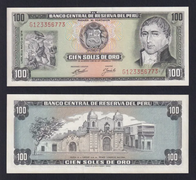 1974 P 102c FDS / UNC G-04 Peru 100 Soles Gold Banknote