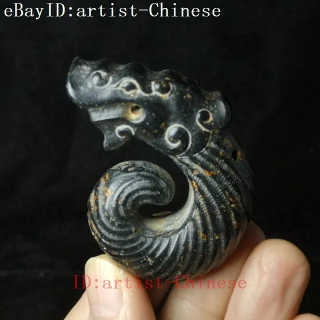 Collection Old China Hongshan Culture Black Magnet Jade Dragon Pendant