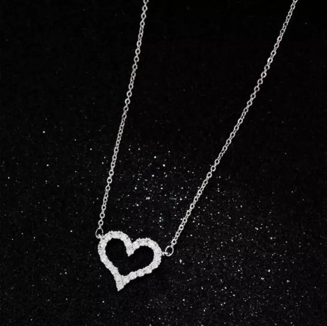 Love Heart Silver SP Pave 1.0 Ct Cubic Zirconia Pendant Necklace
