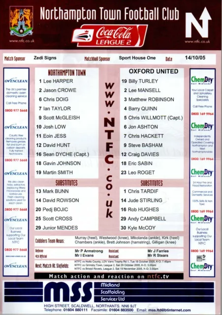 Team Sheet - Northampton Town v Oxford United 14.10.2005