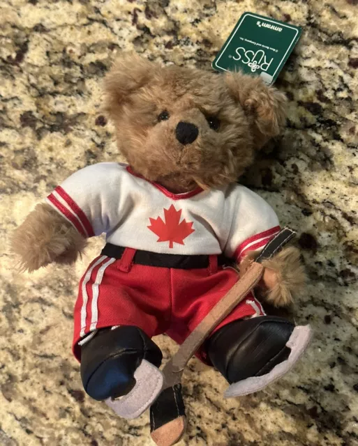 Russ Plush Brown Teddy Bear Canada Hockey Player Skates  8”