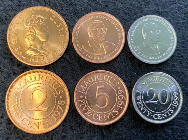 Mauritius 3 Coins Set 2, 5, 20 Cents UNC World Coins