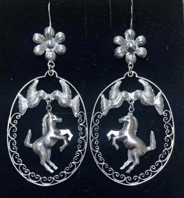 LARGE Mexican Sterling Silver Handmade Love Bird & Horse Frida Earrings