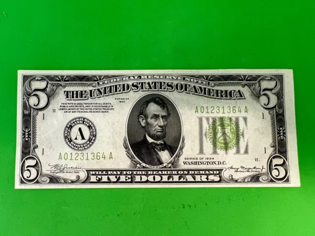 Unc 1934 $5 Lgs Frn Light Green Seal Federal Reserve Note Paper Money(N64)
