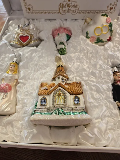 Old World Christmas Blown Glass Ornaments Wedding Brides Tree 6 Piece Set w/case