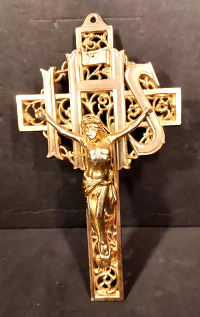 VINTAGE CRUCIFIX IHS Cross Jesus Ornate Filigree Brass Wall Hanging SEE ...