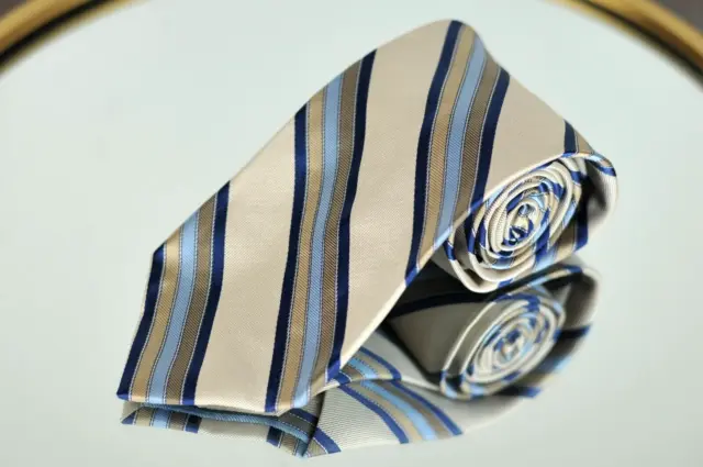 Jos A Bank Signature Tie Tan & Blue Striped Woven Silk Necktie 59 x 3.5 in.