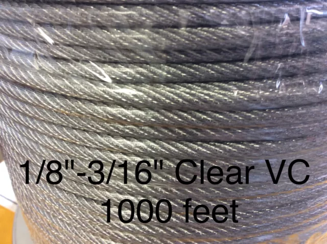 Vinyl Coated Steel Aircraft Cable Wire Rope 1000' 1/8" VC 3/16" 7x7 Clear