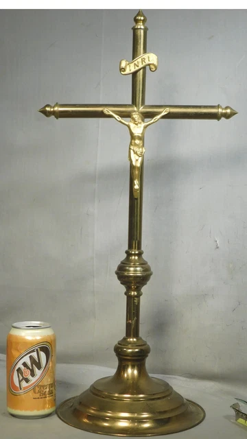 Antique Brass Altar Standing Brass Tube Crucifix Gilt Corpus 1890 Vintage Cross