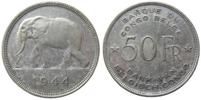 1944 Belgian Congo Elephant 50 Francs Silver Coin