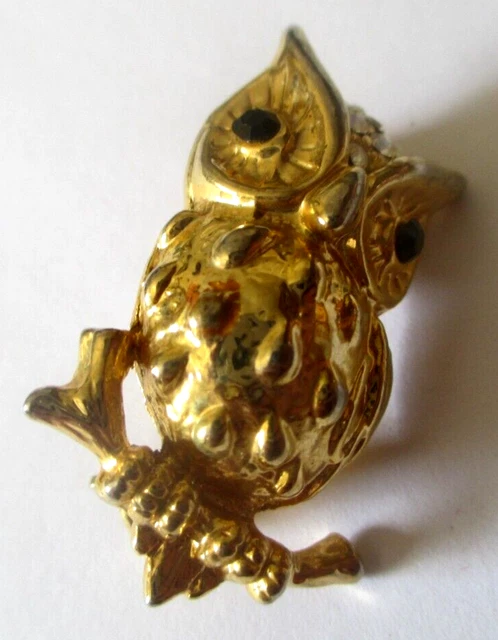 Broche Vintage Hibou/chouette En Or - Émail Beige/jaune Et Cristaux - Année 1912 - Occasion Très Bon état