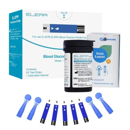 Tiras reactivas de glucosa en sangre ELERA (G-427BS), 50 piezas y 50 azules