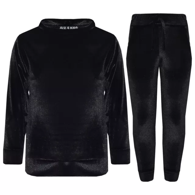 Bambine Lounge Abito Nero Velluto Velour Top Fondo Abbigliamento Comodo Tuta 5-1