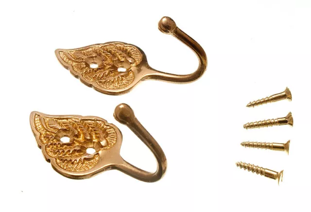 Pk 2 Leaf Curtain Tie Back Hooks Brass & Screws M1210