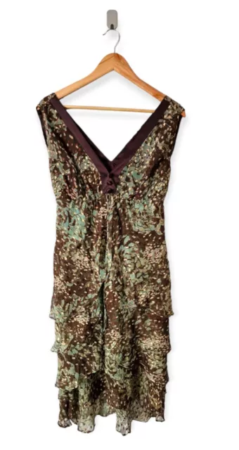 Vintage Y2k Milich And Morton Brown Silk Blend Floral Devore Tiered Dress Size 3