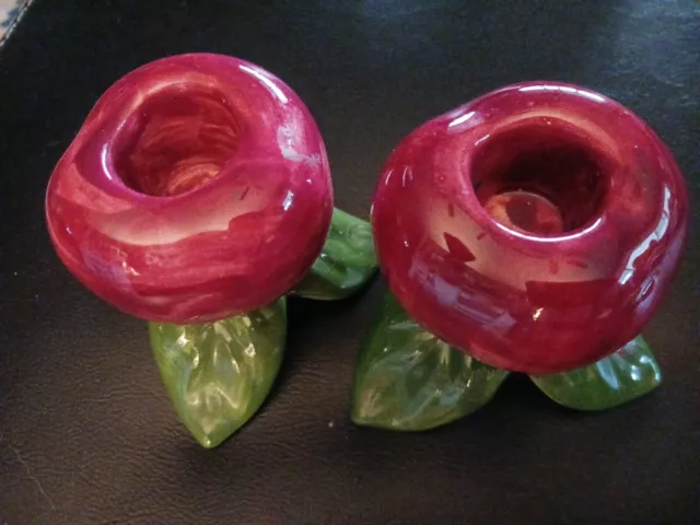 Two Vintage Hand Painted Apple Green Leaf Candle Holders