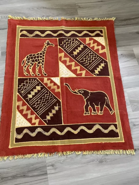 African Textile Batik Fabric Wall Hanging Animals Painted Fringe 35" x 29"