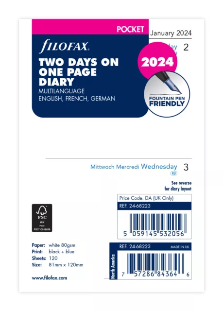 Filofax 24-68223 Pocket Kalendereinlage 2Tage/1Seite 2024