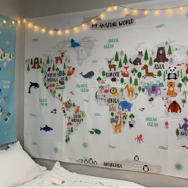 Wall Hanging Animal World Map Tapestry Kids Fabric Cartoon Hippie Bedroom Room D