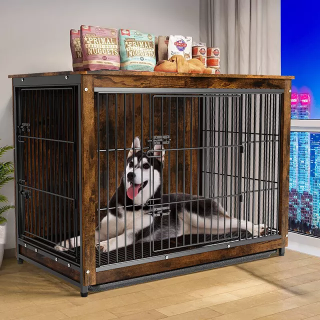 Wooden Dog Crate Pet Cage Hard-Side Sofa Table Home Furniture w/ 2 Lockable Door