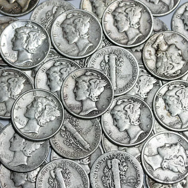 25 Pack of Mercury Dimes 90% Silver Bullion Lot Average Circulated Half Roll