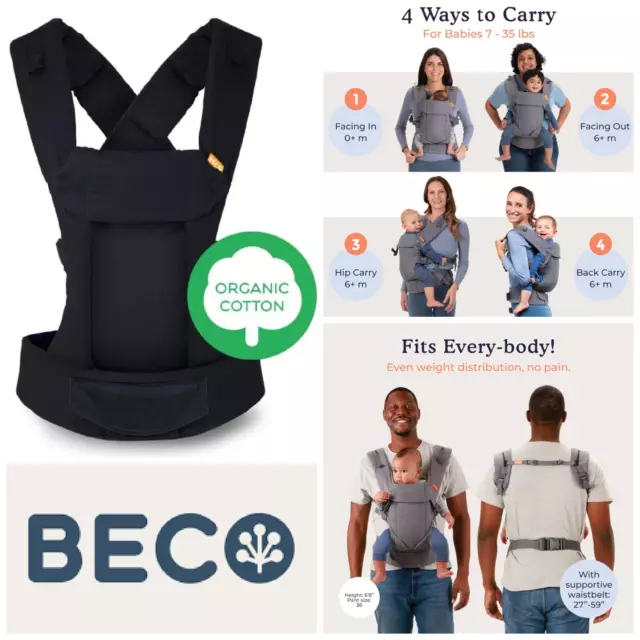 Beco Gemini Baby Carrier Sling Weight 7 - 35 lbs 100% Organic Cotton Metro Black