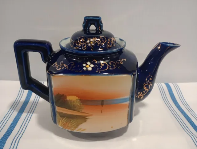 Vintage Japan Colbalt Blue Gold Accent Handpainted Windmill Tea Pot