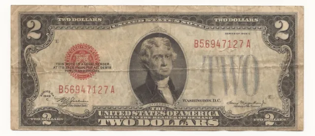 1928-C Red Seal $2 Dollar Bill UNITED STATES NOTE 127A
