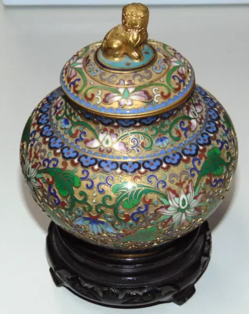 Vintage Chinese Cloisonne Lotus Flower Ginger Jar With Foo Dog Finial And Stand