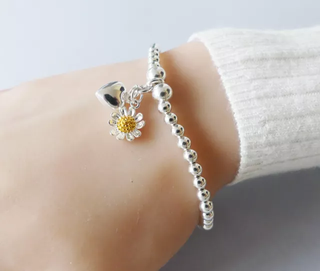 925 Sterling Silver Daisy Charm Bead Stretch Stacking Bracelet For Women