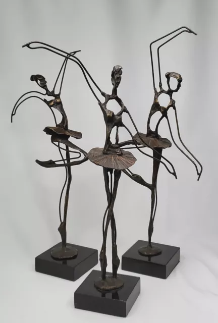 Set Of 3 Vintage Brutalist Abstract Bronze Wire Ballerina Dancer Sculptures