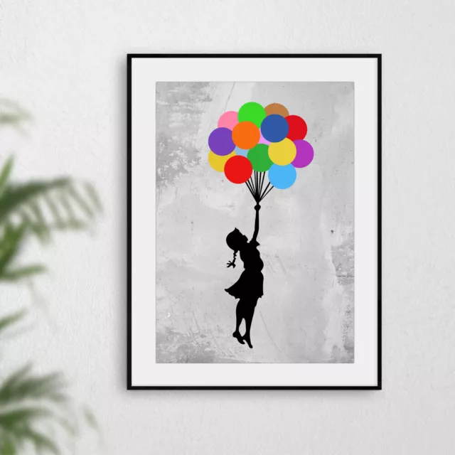 Banksy Rainbow Balloon Girl Colourful Wall Art Print Picture Artwork Poster Grey