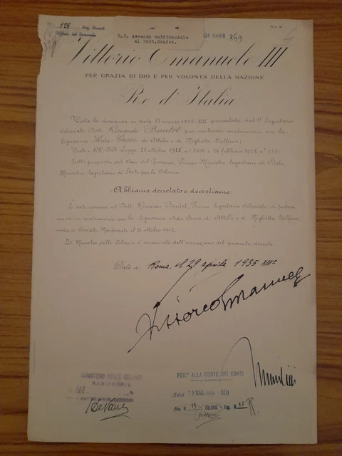 Autografo Mussolini Vittorio Emanuele Su Decreto Funzionario Colonie Mvsn Arditi Autografo Mussolini Vittorio Emanuele Su Decreto Funzionario Colonie Mvsn Arditi