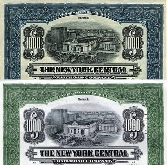 2 $1000 NY CENTRAL RR BONDS incl RARE 1913 GREEN! GRAND CENTRAL/FULL COUP SHEETS