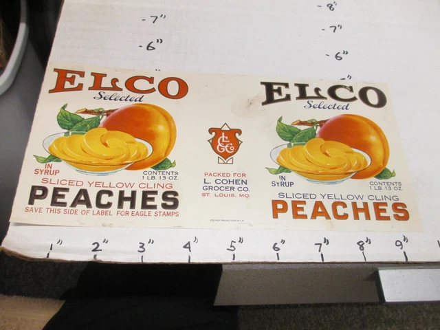ELCO yellow cling peach fruit 1930s tin can food paper label L Cohen Grocer