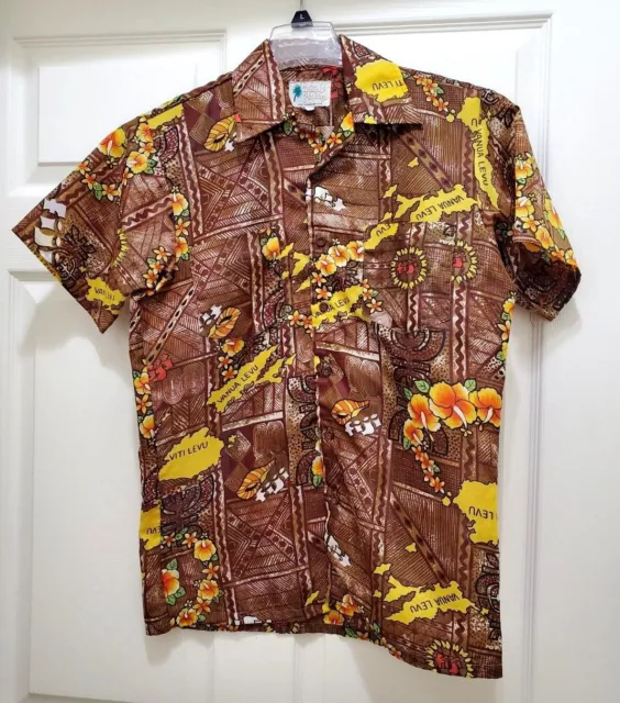 Waikiki Holiday Mens XL Hawaiian Polynesian Shirt FIJI ISLANDS Brown Vintage