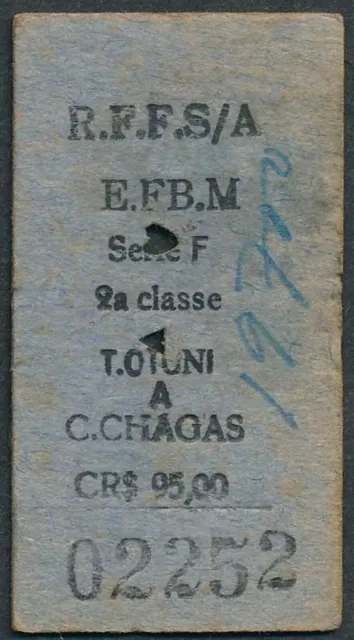 BRAZIL Railway ticket RFFSA T Otuni - C Chagas 2nd cl 1962 QY7632