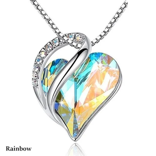 Women Silver Love Heart Rainbow Zircon Pendant Necklace Valentine's Day Gifts
