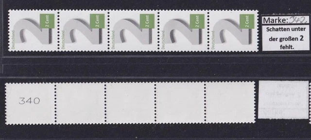 Bund 3042 2-Cent 5er Streifen gerade Nr Schatten unter der großen 2 fehlt **/342
