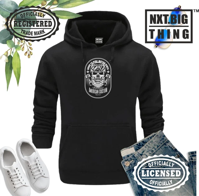 Felpa con cappuccio biker Born To Ride moto americana personalizzata barba teschio pistoni uomo top