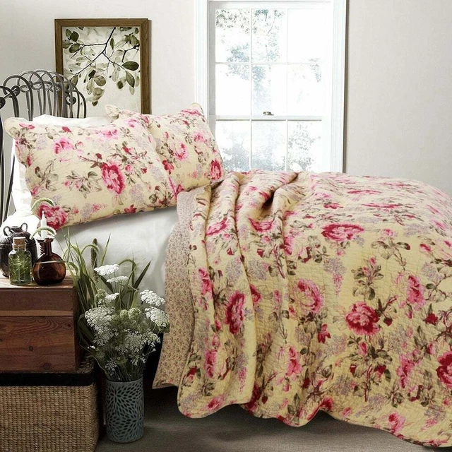 New! ~ Beautiful Shabby Chic Pink Red Blue Yellow Rose Sage Green Leaf Quilt Set